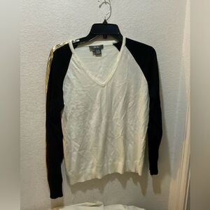 PER SE By Carlisle Women's White Black Gold Sequins V-Neck Sweater Pullover Sz L